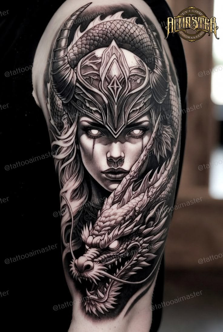 Tatuaje de valquiria con casco de cuernos y dragón en blackwork
