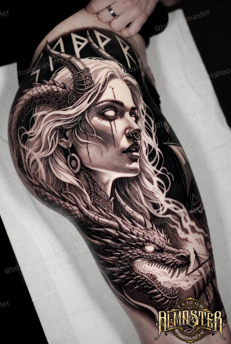 Tatuaje de guerrera nórdica con dragón y runas vikingas